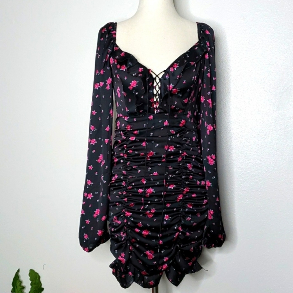NEW Forever 21 Woven Floral Pink Black Lace Up Bodice Spring Summer Bohemian - Picture 1 of 11